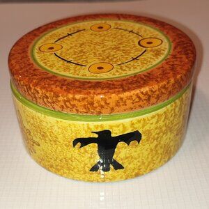Hand Painted Inspirado Jewelry Box Ceramic Round Eagle Bird Circle Flower